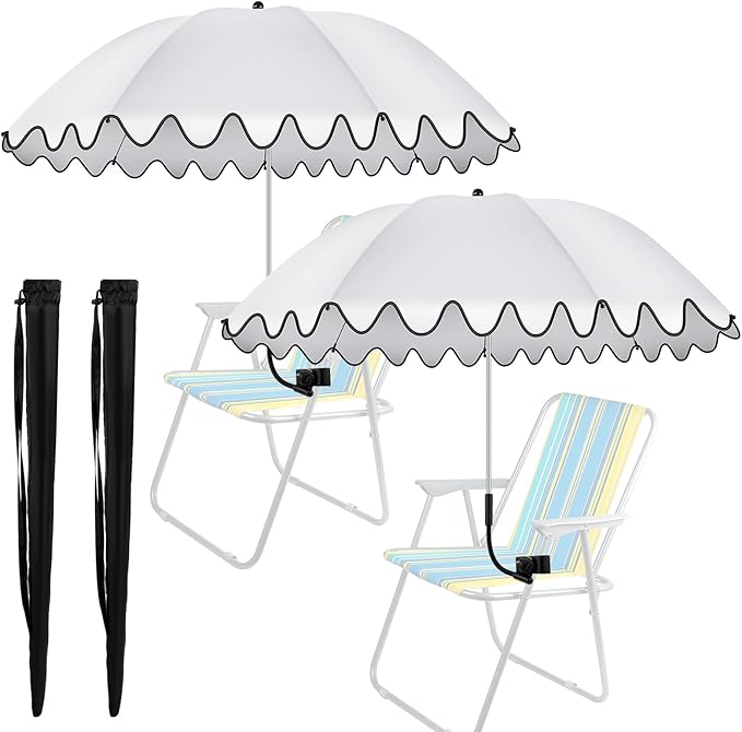 Abbylike 2 Pcs Scalloped Chair Umbrella with Universal Adjustable Clamp 38'' Portable Wheelchair Umbrella UPF 50+ Camping Chair Parasol with Bag for Outdoor Patio Lawn
