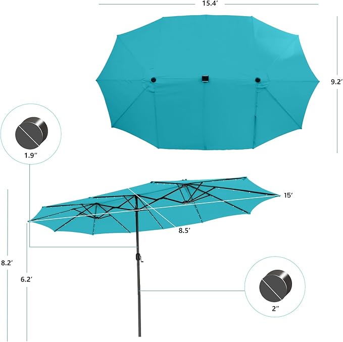 Tangkula 15 Ft Solar Patio Umbrella, Double-Sided Extra Large Outdoor Market Table Umbrella with 48 LED Lights, Crank Handle, 12 Sturdy Ribs for Poolside, Garden & Backyard (Turquoise)