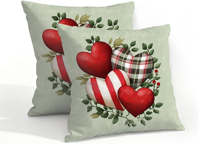 18x18 Inch Outdoor Pillow Covers Set of 2 Waterproof Throw Pillow Covers Decorative Couch Cushion Covers Hearts Striped Plaid Square Pillowcases Protectors for Patio Garden Sofa
