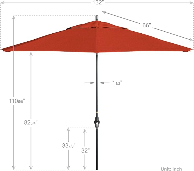 California Umbrella 11Ft Fiberglass Rib Patio Umbrella, Hand-Crank, Tilt-Collar, Gray Frame, Solution Dyed Sunset Fabric