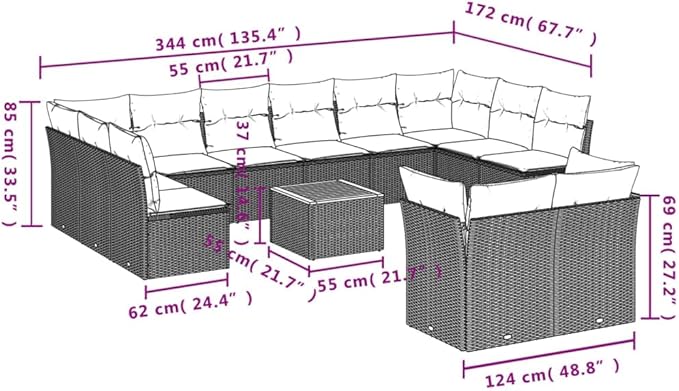 vidaXL Patio Sofa Set with Cushions 13 Piece, Outdoor Conversation Set, Patio Furniture Set for Balcony Garden, Modern Style, Gray Poly Rattan