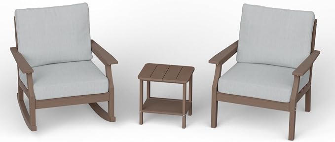 HDPE Patio Conversation Set, 3-Piece All Weather Outdoor Furniture Set with 1 Single Sofa，1 Rocking Sofa for Deck, Lawn, with Cushion, Brown