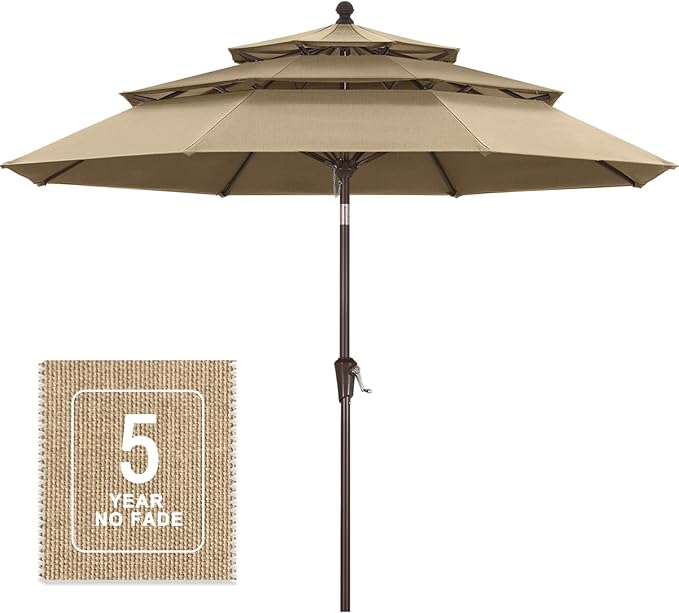 MASTERCANOPY 9ft 3-Tier Olefin Patio Umbrella with Tilt Crank, 5-Year-Non-Fading Canopy & 8 Fiberglass Ribs for Deck, Patio, and Garden, Light Brown
