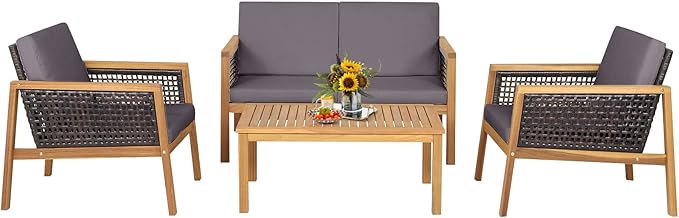 HAPPYGRILL 4 Pieces Patio Conversation Set Acacia Wood Furniture Set with Coffee Table, PE Rattan Wicker Sofa Set with Soft Cushions for Outdoor Garden Deck Poolside