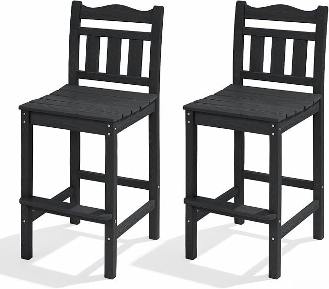 Outdoor Bar Stools Set of 2, HDPE Tall Adirondack Bar Chairs 27.5 Inch Seat Height w/Backrest, All Weather Patio Bar Height Chairs for Bistro Balcony Deck Poolside (Black)