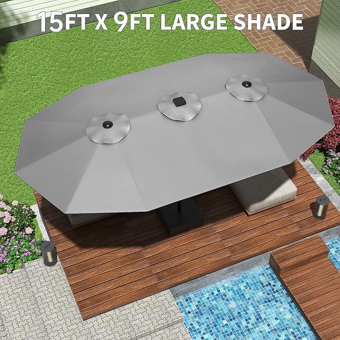 TrailBlaze 15ft Large Patio Umbrella with Base, Outdoor Rectangle Umbrella Double-Sided Market Umbrella with Crank Handle UV Protection Table Umbrellas for Backyard, Deck, Poolside and Garden