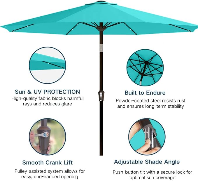 9' Solar LED Patio Umbrella with Tilt & Crank|8 Sturdy Ribs,UV Protection,Outdoor Market Table Umbrella for Deck,Lawn,Pool,Backyard(Peacock Blue)