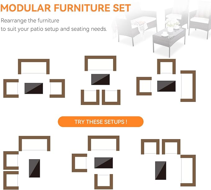 Patio Furniture Set, Outdoor Furniture Set 4 Pieces Patio Conversation Set PE Rattan Chair with Cushion Tempered Glass Table Garden Balcony Sets for Yard Pool Backyard Brown/Beige