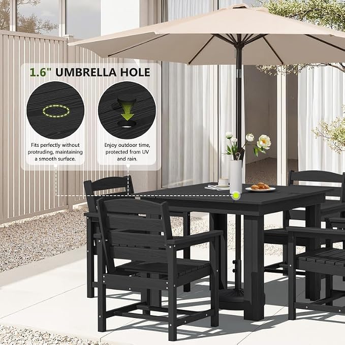 KINGYES 5-Piece HDPE Outdoor Dining Set for 4, Square Patio Table & Armchairs with Umbrella Hole, All-Weather Patio Dining Set for Backyard, Garden, Lawn & Poolside, Black
