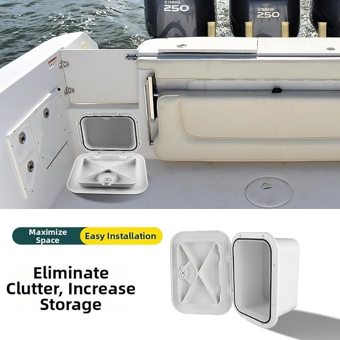 ABS Marine Storage Box with Deck Cover for Yacht Hatch Inspection Lid, Featuring Spacious Capacity, 270 Degree Smooth Rotation and Marked Cutting Lines for Custom Fit (White)