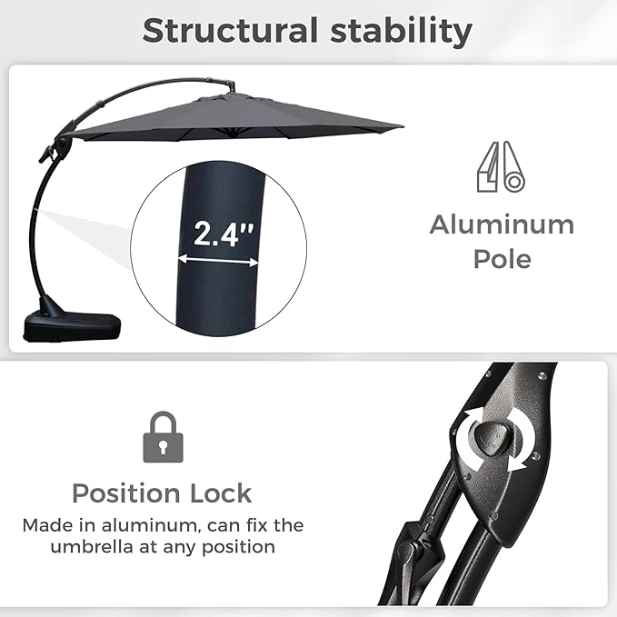 Grand patio 12 FT Patio Cantilever Umbrella Outdoor Large Round Aluminum Offset Umbrella Base Included for Deck Yard (Gray, 12 FT)