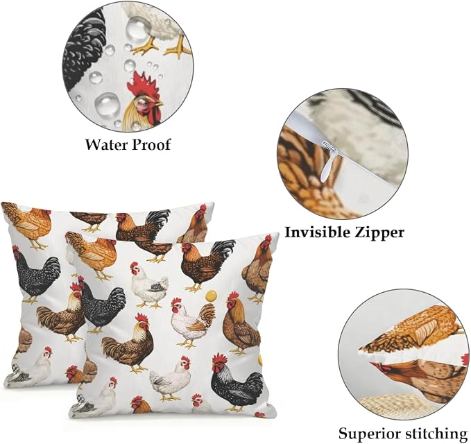 18x18 Inch Outdoor Pillow Covers Set of 2 Waterproof Throw Pillow Covers Decorative Couch Cushion Covers Chickens Egg Square Pillowcases Protectors for Patio Garden Sofa