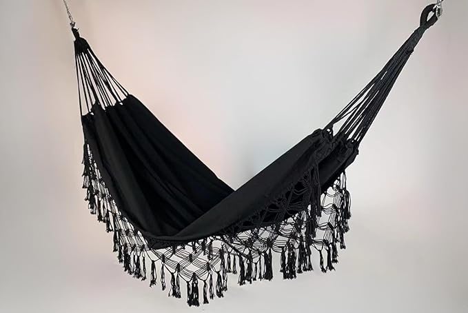 Double Boho Macrame Hammock Cotton Canvas Portable Replacement Hammock 440lbs Load Capacity Black