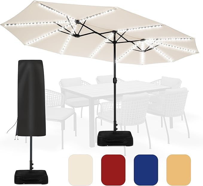 Sundale Outdoor Solar 15 ft 144 LED Olefin 5-Year-Non-Fading Patio Umbrella with Sandbag Base Included and Cover, Outdoor Double-Sided Umbrella with Lights