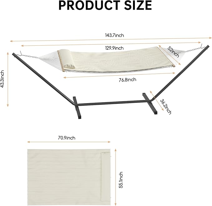 IDEALHOUSE Instant Setup Hammock, Portable Outdoor Steel Frame Hammocks, Heavy-Duty Garden Yard Beach Outdoor Max 450 LBS Capacity for 1-2, Beige