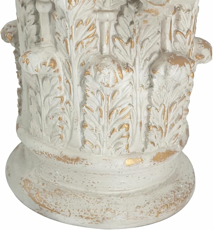 Small Side Table for Living Room, Farmhouse Rustic French Country MGO Pedestal Stand Ornate with Scrollwork Design and Gold Accents, Square Distressed Display Stand White 14x14x17.5