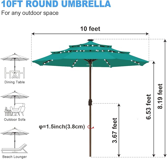 Eurmax USA 10-Year-Non-Fading 10FT 3-Tier Outdoor Patio Market Umbrella with LED Lights,UPF50+ UV Resistant,Commercial Grade,Crank Lift Design,Windproof Vented Top for Garden,Pool,Deck,Teal