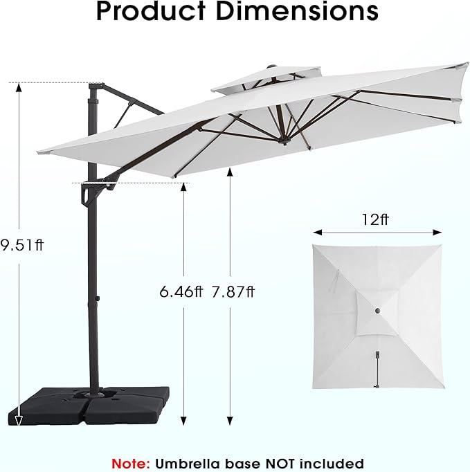 JEAREY 12ft 2-Tier Cantilever Patio Umbrella, Large Square Outdoor Offset Umbrella with Double Top Vent and 360-degree Rotation for Garden, Deck, Pool, Patio, Cream White