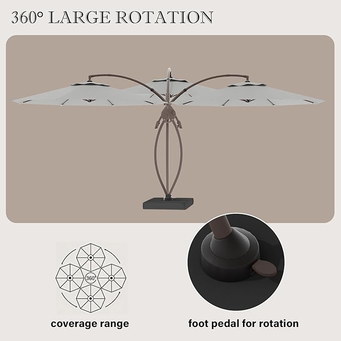 Cantilever Umbrella with Heavy-Duty Base, Outdoor Large Round Aluminum Offset Umbrella for Patio Garden Backyard, UV-Resistant Waterproof Canopy, 360° Rotation & Tilt Adjustment