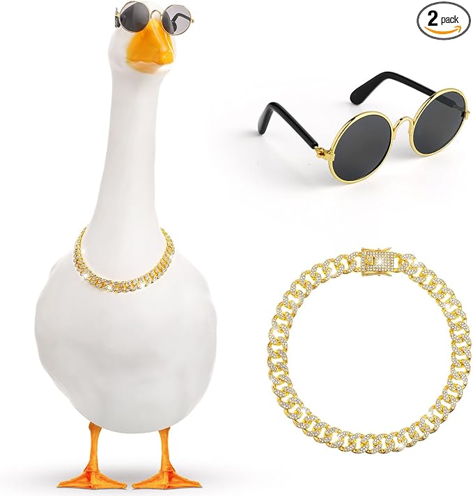 Shyyween Chain Collar and Sunglasses Porch Goose Outfits for Plastic Goose 23"/ 17'' Lawn Geese Statue Sunglasses Collar for Garden Geese Retro Pet Cosplay Party Yard(Gold,Rhinestone)