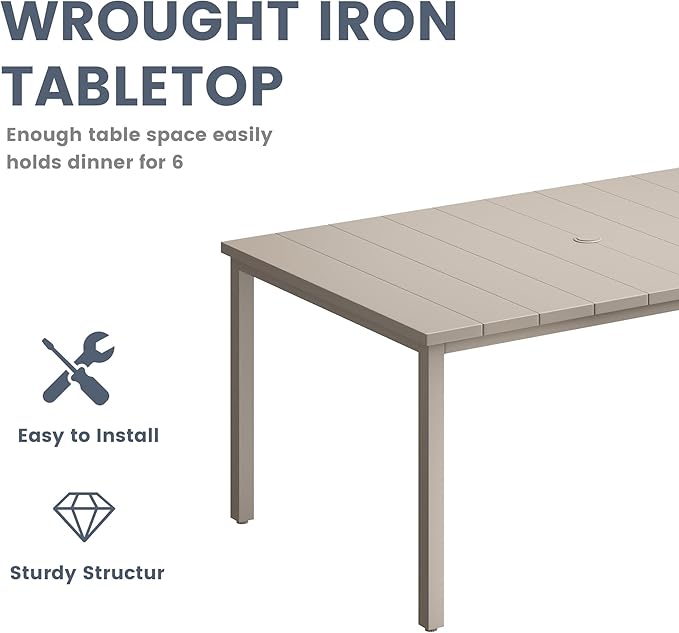 VICLLAX Patio 7 Pieces Outdoor Dining Set for 6, 63" Rectangular Metal Dining Table with Umbrella Hole, 6 Stackable Chairs for Lawn, Garden, Porch, Sandshell