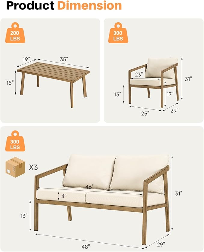 4 Pieces Outdoor Sofa Set, Never-Rust Aluminum Patio Conversation Set with Removable Cushions, Patio Furniture Set with Patio Loveseat, 2 Sofa Armchairs and Coffee Table for Pool, Deck, Teak