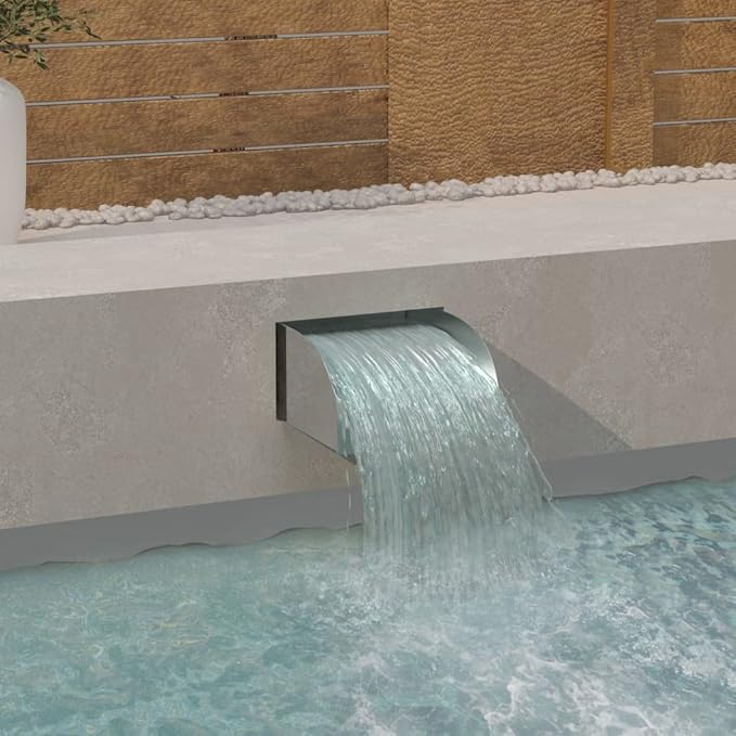Waterfall Fountain for Pool Garden, 11.8 x 13.4 x 5.5 Inch Stainless Steel 304 Cascading Water Feature, Brushed Metal Waveform Decor for Outdoor Patio Pond