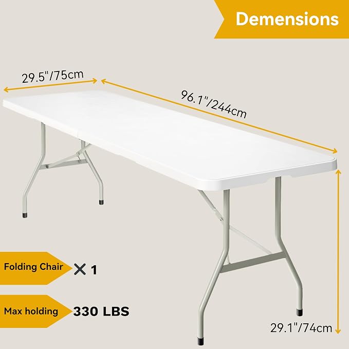 DWVO 8FT Folding Table, Heavy Duty Folding Tables with Carrying Handle, Plastic Fold up Table for Outdoor Camping Picnic Parties, Indoor Events, White