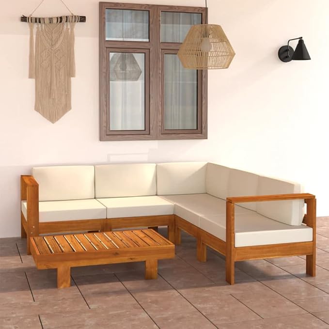 Patio Lounge Set with Cream White Cushions,Outdoor Patio Furniture,Outdoor Chat Conversation Set,for Patio,Backyard,Garden,Outdoor,6 Piece Acacia Wood