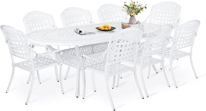 9-Piece Patio Dining Set, Outdoor Patio Table and Chair Set of 84” Oval Cast Aluminum Dining Table with Umbrella Hole and 8 Outdoor Dining Chairs, Patio Funiture Set, White