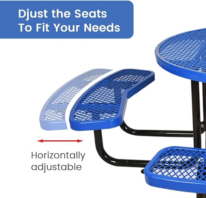 46" Round Commercial Picnic Table for 4-8 Person, Heavy Duty Metal Outdoor Picnic Table with Umbrella Hole for Coffee Shop, School, Hospital, Easy to Install, Blue