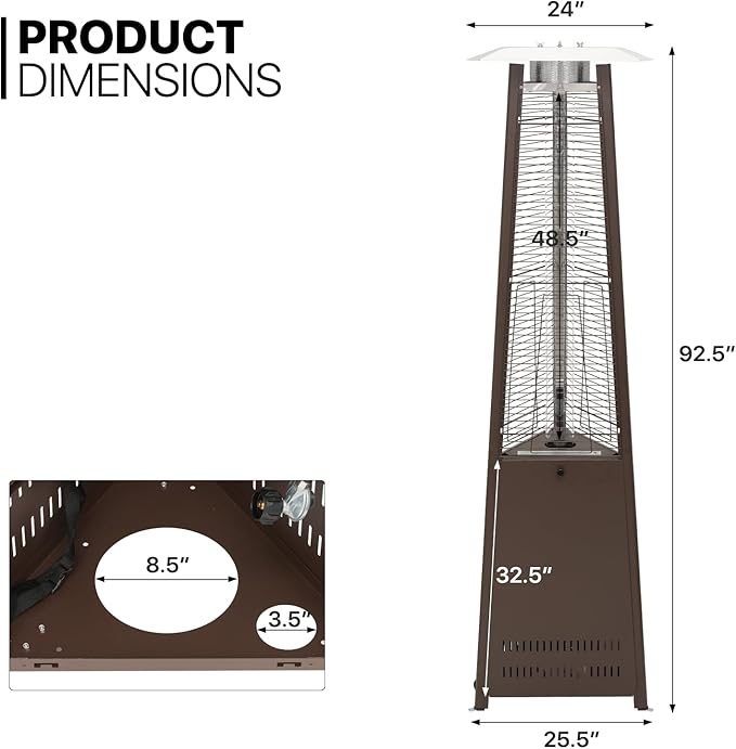 MoNiBloom 42000 BTU Propane Pyramid Patio Heater with Wheels and Glass Tube Flame Burner Outdoor Patio Heater for Commercial Use, Residential, Garden, Backyard, Porch, Deck, Balcony (Coffee Brown)