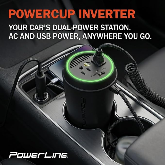 PowerLine PowerCup-XPD Car Inverter - 200/260W, 2 AC Sockets, 2 USB Ports (USB-C PD3 at 67W & USB-A at 13W)
