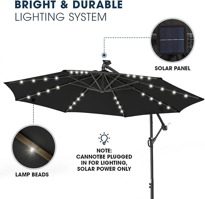 wikiwiki 10ft Solar LED Offset Patio Umbrella, Outdoor Cantilever Patio Umbrellas with Solor Lights for Backyard, Poolside and Garden, Easy Tilt Adjustment, 32 LED Lights & Polyester Shade, Black