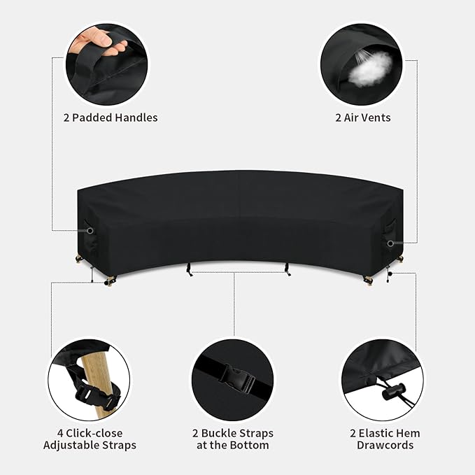 PureFit Outdoor Sectional Sofa Cover Waterproof Curved Patio Furniture Covers for Deck, Lawn and Backyard, 150Lx36Dx38Hx112FL, Black