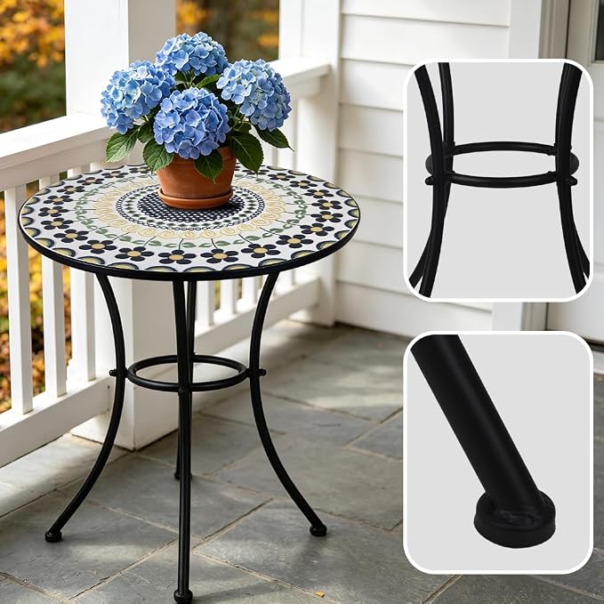 3 Piece Bistro Sets Mosaic Tile Round Table Folding Chairs Garden | Set of 3 Patio Furniture 23.6" Table and 2 Chairs Outdoor Bistro Chairs Artistic Table for Balcony Porch Apartment Backyard