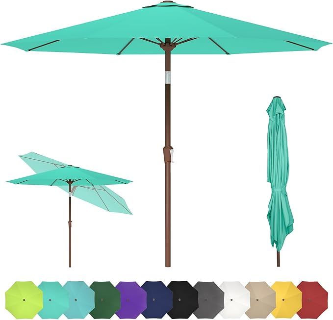 GREENVINES 9-FT-Patio-Umbrella | 8 Sturdy Fiberglass Ribs | Outdoor-Table-Umbrellas | Push Button Tilt & Crank | Waterproof | Market Umbrella | for Deck Backyard Pool Garden | Aqua