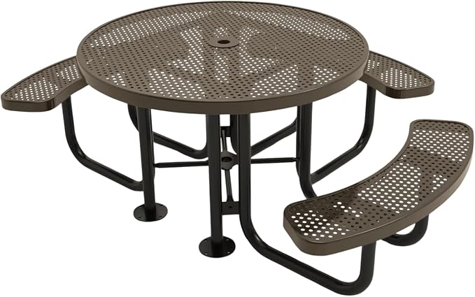 COATEDOUTDOORFURNITURE Heavy-Duty Portable Outdoor Picnic Table with Umbrella Hole, Punched Steel Patio Dining Furniture Made in America (46" Round Top, Textured Brown)