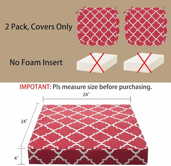 Magpie Fabrics Indoor Outdoor Cushion Cover Replacement 2 Pack, NO INSERT! Water Repellent Slipcover with Ties Christmas Decor for Patio Garden Chair Seat Sofa Bench Wicker(Geometry Red, 24x24x4 Inch)