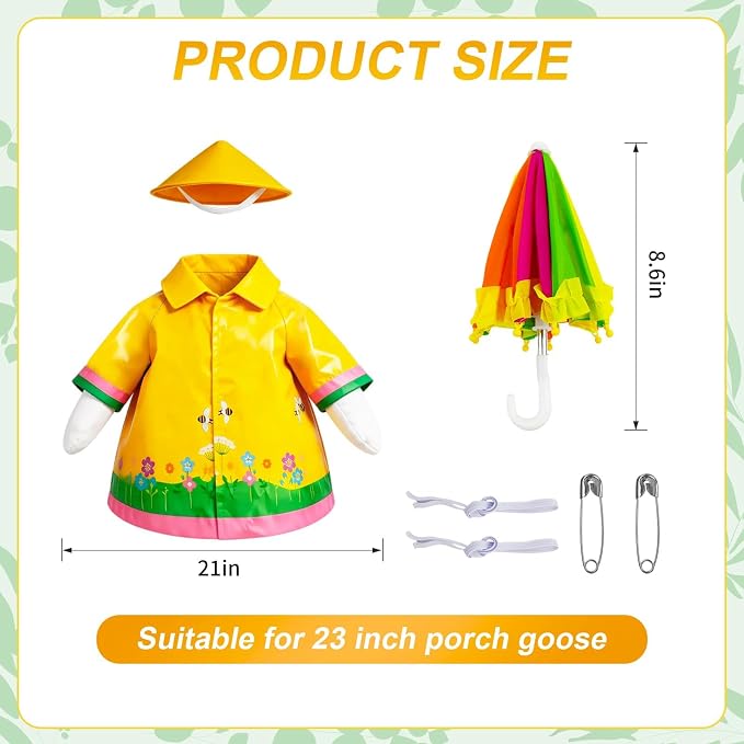 Raincoat Porch Goose Outfits, 3 Pcs Set Spring Summer Lawn Goose Statue Raincoat Clothes, Yard Gooses Costume Raincoats Umbrella Hat Outfit for 23" Statue Patio Garden Decoration