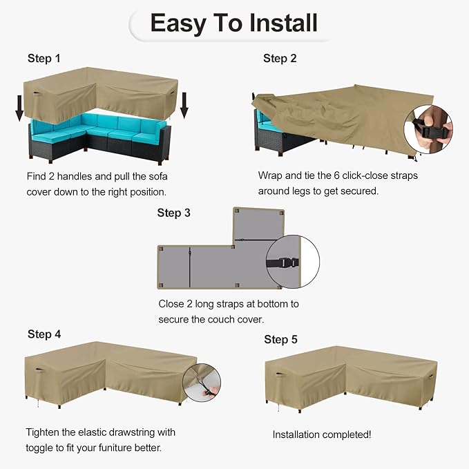PureFit Outdoor Sectional Sofa Cover Waterproof L Shaped Patio Furniture Covers for Deck, Lawn and Backyard, 83”x104” Left Facing, Camel