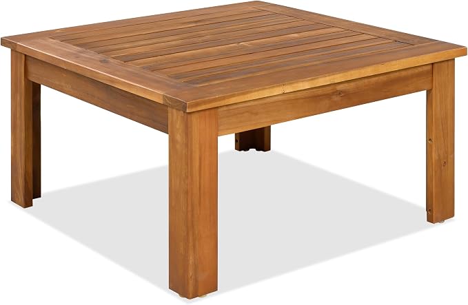4 Piece Patio Furniture Sofa Set with Coffee Table and Woven Mesh Armrests, L-Shaped Outdoor Acacia Wood Sofa Conversation Set with Gray Cushions and Side Table, Beige Cushion