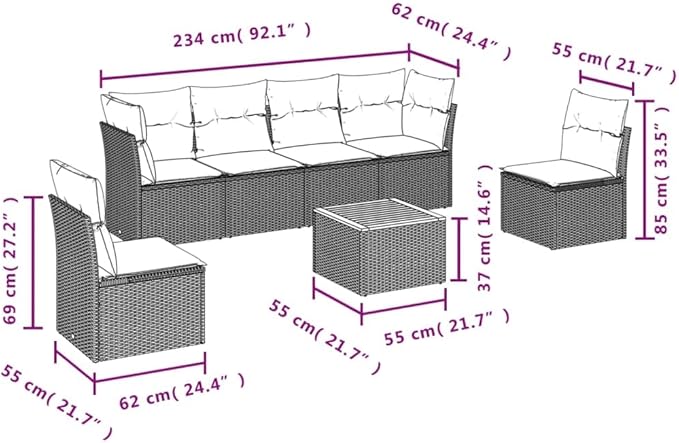 vidaXL Patio Sofa Set with Cushions 7 Piece, Outdoor Conversation Set, Patio Furniture Set for Balcony Garden, Modern Style, Gray Poly Rattan