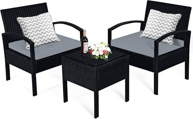Tangkula 3 Piece Patio Conversation Set, Outdoor Rattan Sofa Set with Seat Cushions & Coffee Table, Patio Wicker Furniture Set for Garden Balcony Backyard Poolside (Grey)