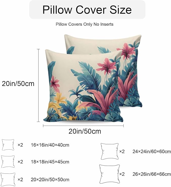 Summer Tropical Leaves Waterproof Outdoor Pillow Covers Set of 2 Home Decor, Farmhouse Botanical Plants Pillowcase Patio Pillow Covers for Couch Bench Furniture Garden 18x18in