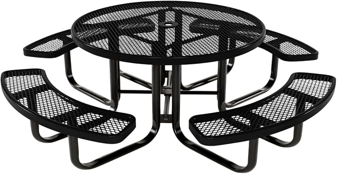 COATEDOUTDOORFURNITURE Heavy-Duty Portable Outdoor Kids Table with Umbrella Hole, Expanded Metal Kids Picnic Table, Commercial-Grade, Made in America (46 in, Round, Childrens, Textured Black)