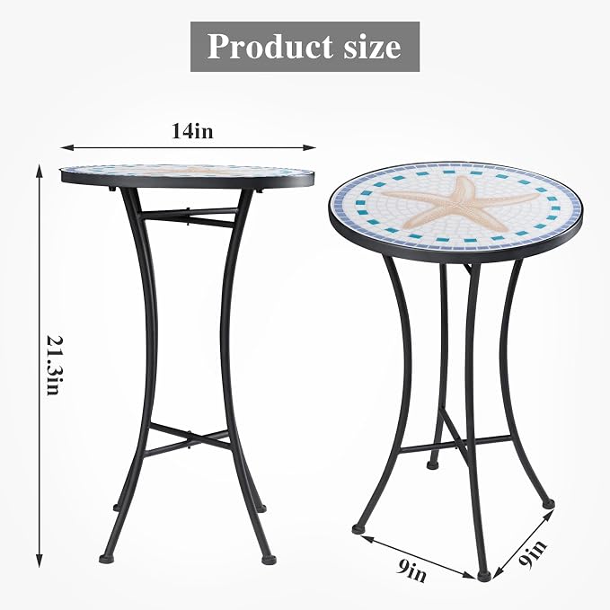 MUMTOP Mosaic Outdoor Side Table, 14" Round Folding Plant Stand for Patio Garden Backyard Balcony Porch Indoor Accent End Table for Living Room, Ceramic Tabletop with Black Iron, Starfish