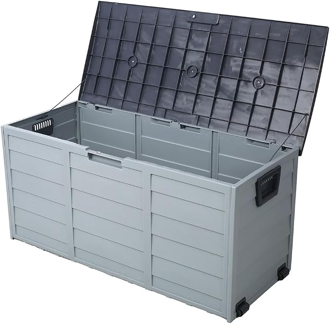 Outdoor Deck Storage Box, Portable Resin Storage Bench with Wheels & Side Handles, Waterproof Patio Storage Container for Cushions, Garden Tools, Pool Supplies & Outdoor Accessories, Gray