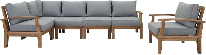 Modway EEI-1816-NAT-GRY-SET Marina Premium Grade A Teak Wood 6-Piece Outdoor Patio Furniture Set, Natural Gray