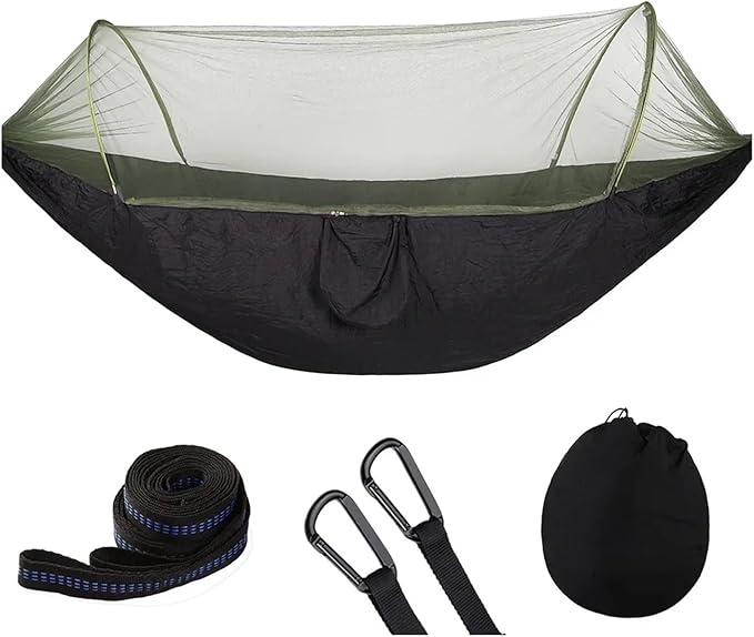 Hammock Camping Hammock with Mosquito Net Pop-Up Light Portable Outdoor Parachute Hammocks Swing Sleeping Hammock Camping Stuff Quick-Opening(Blcak)